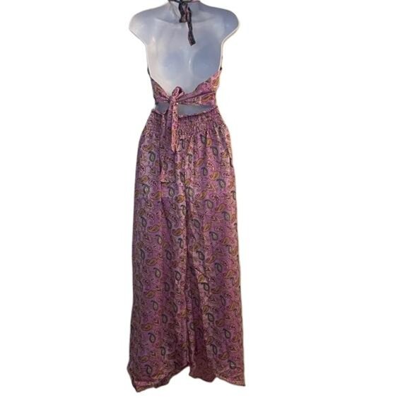 ASHA Pink Paisley Print Halter Crop Top Wide Leg Pants Set Boho Festival - Picture 4 of 5